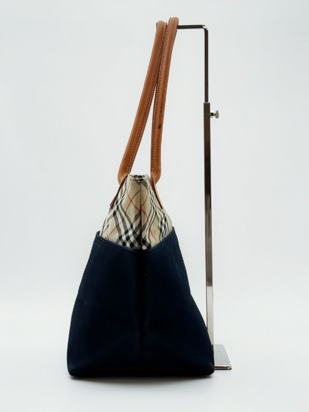 Burberrys Vintage Nova Check Canvas Tote Shoulder Bag Navy Beige Leathe - Picture 3 of 13